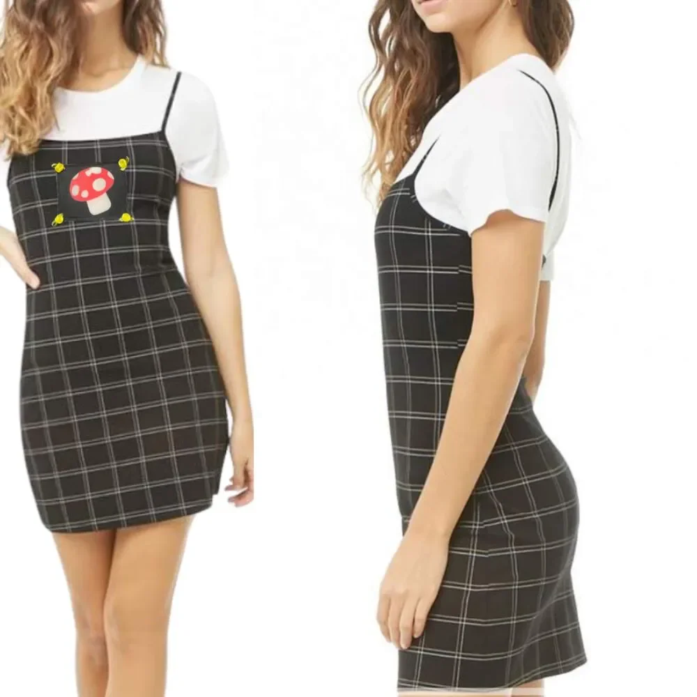 Dark Academia Mushroom Plaid Spaghetti Mini Dress